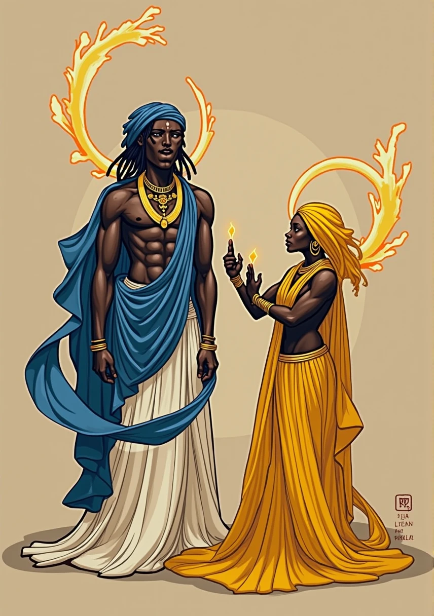 Ogun and Oxum next to each other, their dark faces and bodies, Ogun with his blue clothes and Oxum with his yellow clothes