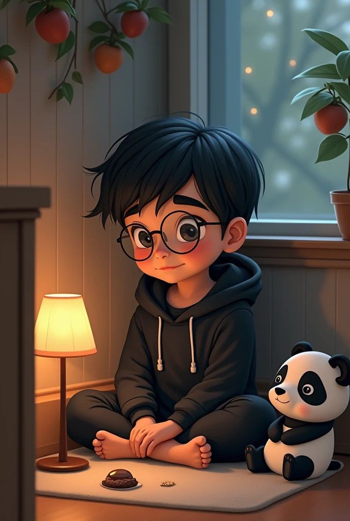 I want a boy sitting in Disney version with black hair, black clothes and his shirt has a hood, he wears glasses, he is white, thick eyebrows, he is sitting in a corner listening to music with his panda and a small chocolate