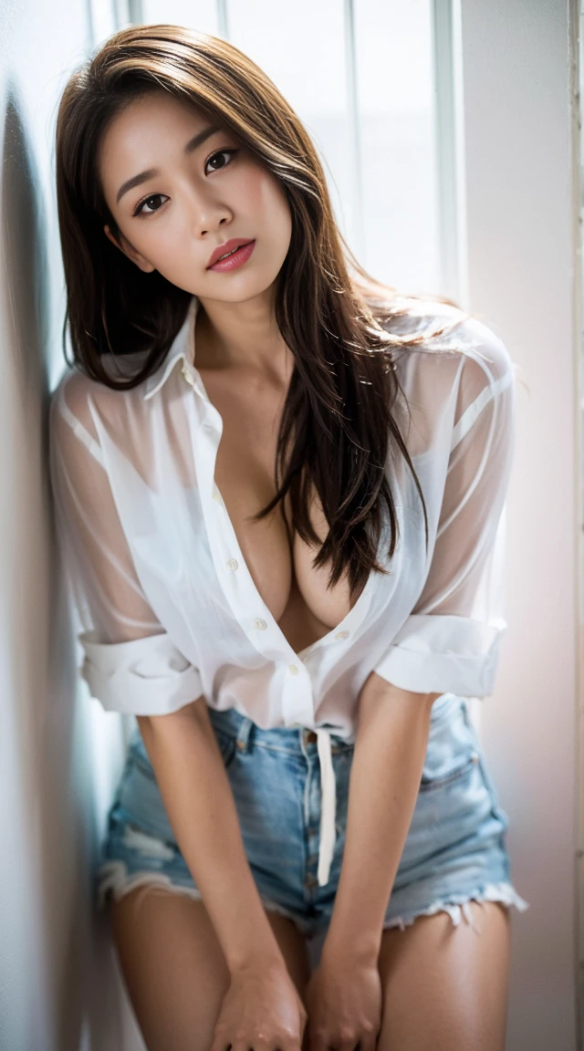 dark brown hair、light brown eyes、Japanese actress face、 lady、I'Iは彼とIが好きです'I'Iは40歳くらいです.、(intricate details:1.2)、(which one is the top?:1.4)、 (ultra high resolution:1.2)、ultra high resolution、(finely tuned)、(detailed facial features)、nffsw、8K resolution、D cup size breasts、long hair、big window、luxurious space、relax、、,full body photo、head to toe shot、beautiful feet、shirt dress、beautiful feet、A refreshing room filled with sunlight、she, loose household items, (plant:0.8), center of fashion, extreme details, very detailed, realistic, hourglass body, obscene pose,、、I cry a lot、tears、person on the left、white wall、white floor、diagonally from below、raise your chin、put your butt against the wall、relaxした表情、Pose of Weakness、(auraroid photo:1.2)、from outside the window、transparent pictureasterpiece、8K、32k、highest quality、(Details of both eyes)、1 girl、elegant、(white shirt collar:1.4)、sunset、(cleavage:1.2)、sit、(Low - Angle、Angle of looking up:1.2)、Hilarious