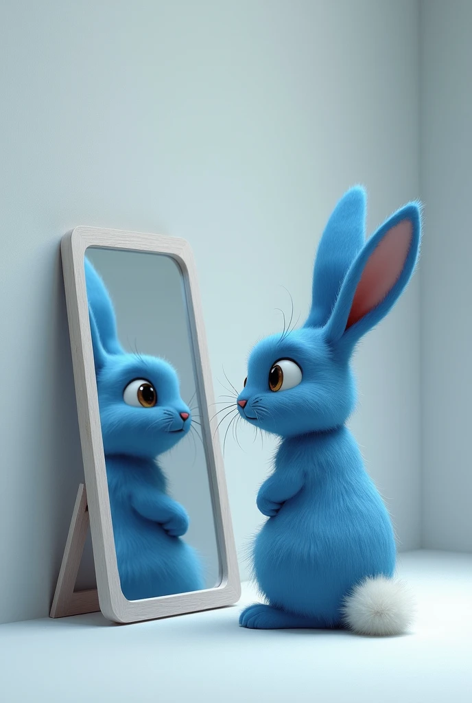 Blue rabbit looking in the mirror head on