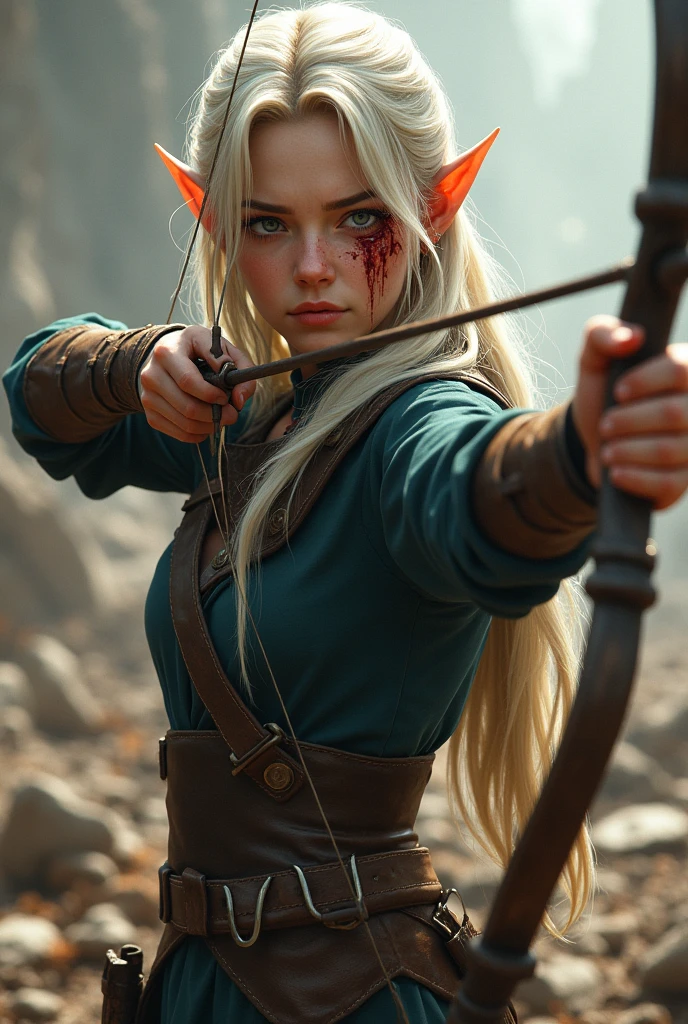 An elf archer approximately twenty-. Your hair is medium, almost white blondes, Emerald green eyes, pele alva, wearing a navy blue tunic under simple brown leather armor. The ears are slightly pointed. Her face is covered in dirt and there is a wound on her eyebrow, blood running down the side of her face..She is in full body attack pose in a war scenario.