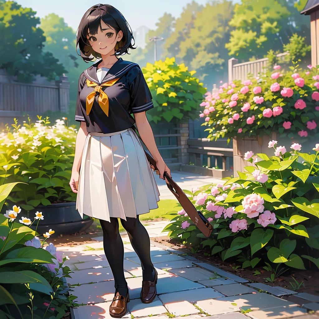 (Highest quality, High resolution, Super detailed, Realistic:1.37), Peaceful atmosphere, (Outdoor, garden), Teenage girl standing alone,(my breasts are big.),Beautifully detailed features, Cute Smile, ((Black bob hair)),Short-sleeved sailor uniform, Pleated skirt,Black tights,Brown leather shoes.