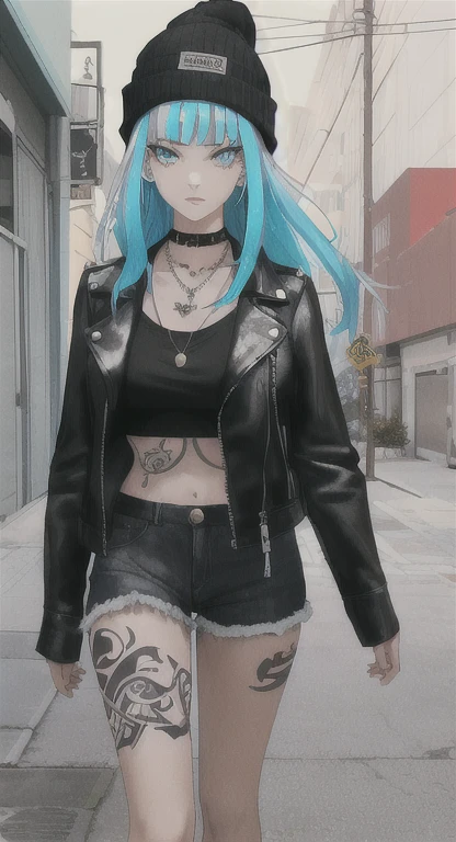 Holo-Punk Style, ((best quality)),((masterpiece)),((strikingly beautiful)), mature, 1girl, solo, high quality, masterpiece, skinny, long hair, messy bangs, black beanie, cyan hair, leather jacket, cyan eyeliner, pale skin, many necklaces, neck tattoo, tattoo on neck, sidewalk, large breasts