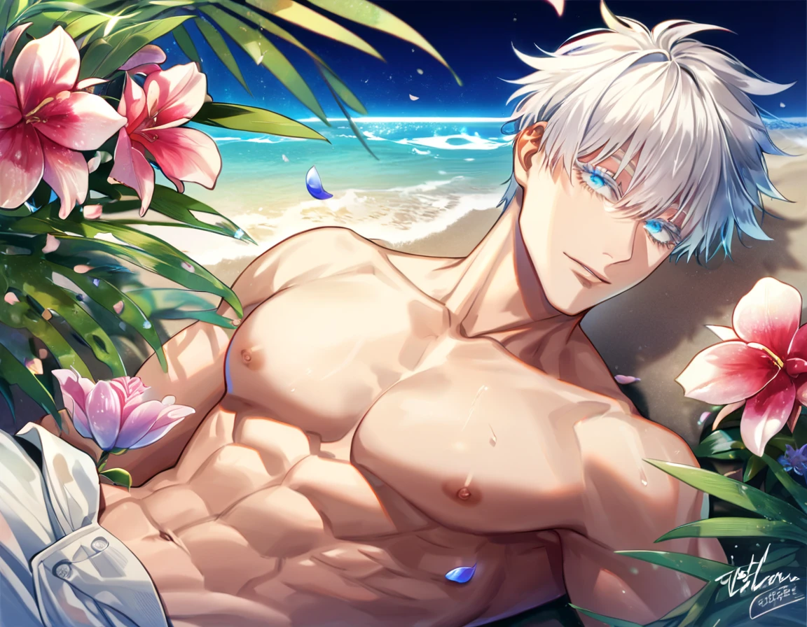 absurdres, highres, ultra detailed, HDR, master piece, Gojou Satoru, white hair with bangs, expressive blue eyes, white eyelashes, without shirt, Jujutsu Kaisen, toned chest, bare chest, sexy man, handsome, best quality, beach, fantasy, magical, solo, water, sensual, horny, green leaves, flowers, petals, 