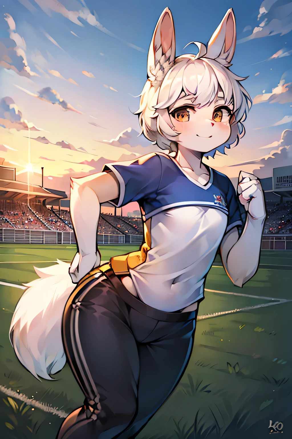 masterpiece,best quality,super detailed,super fine illustration,8k,(fullface brasched:1.3),masterpiece,best quality,detailed background,BREAK perfect face,perfect legs,perfect hands,BREAK  sports uniform,sports pants,BREAK soccer player BREAK soccer field,soccer stadium,sunset,detailed background,beautiful background,BREAK she is playing soccer.BREAK (white rabbit years:1.2),rabbit girl,short hair,girl,Small breasts,white hair,little smile 