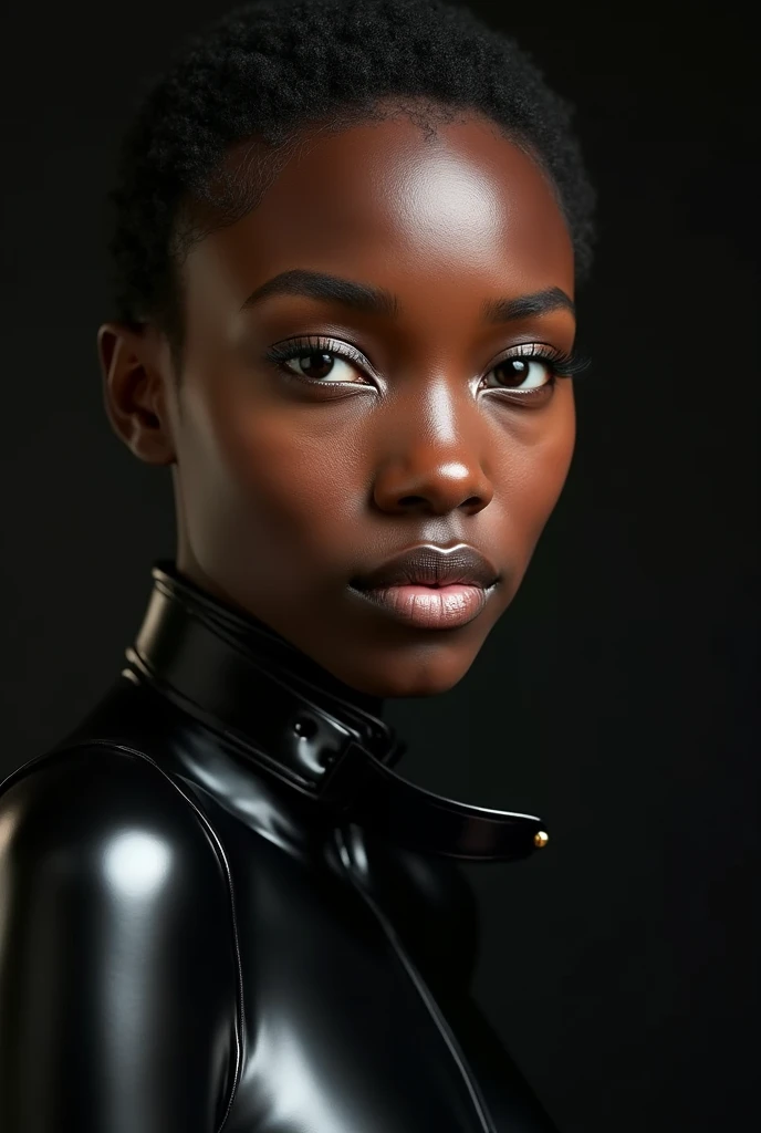african woman, young, naked, short hair, dimples, thick belt around neck, black shiny latex bodysuit, close-up, UHD, retina, masterpiece, accurate, anatomically correct, textured skin, super detail, high details, high quality, award winning, best quality, highres