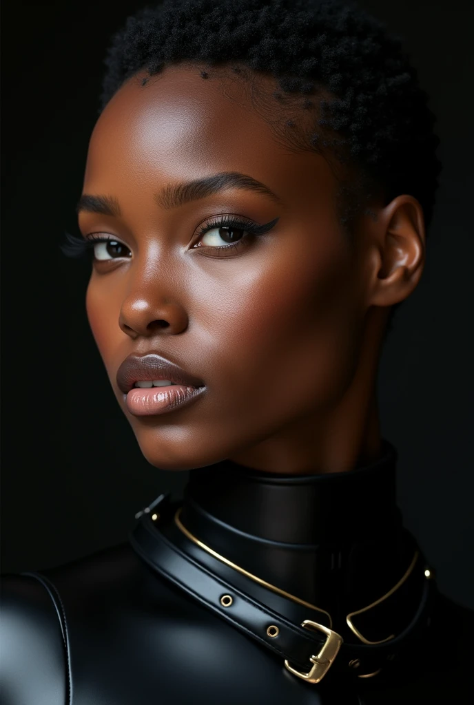 african woman, young, , short hair, dimples, thick belt around neck, black shiny latex , close-up, UHD, retina, masterpiece, accurate, anatomically correct, textured skin, super detail, high details, high quality, award winning, best quality, highres
