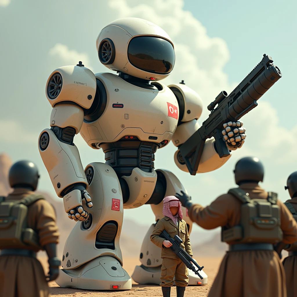 a realistic humanoid machine, holding a large gun in one hand, surrounded by medium-sized humanoid machines,
the medium-sized machines are holding a gun and pointing a gun at the large machine,
the large machine is ignoring them, the large machine has a small Turkish flag on its chest, the medium-sized Arab machine is standing in front of the large machine, the large machine is patting the Arab machine's head with its other hand, the Arab machine's clothing says ADNAN