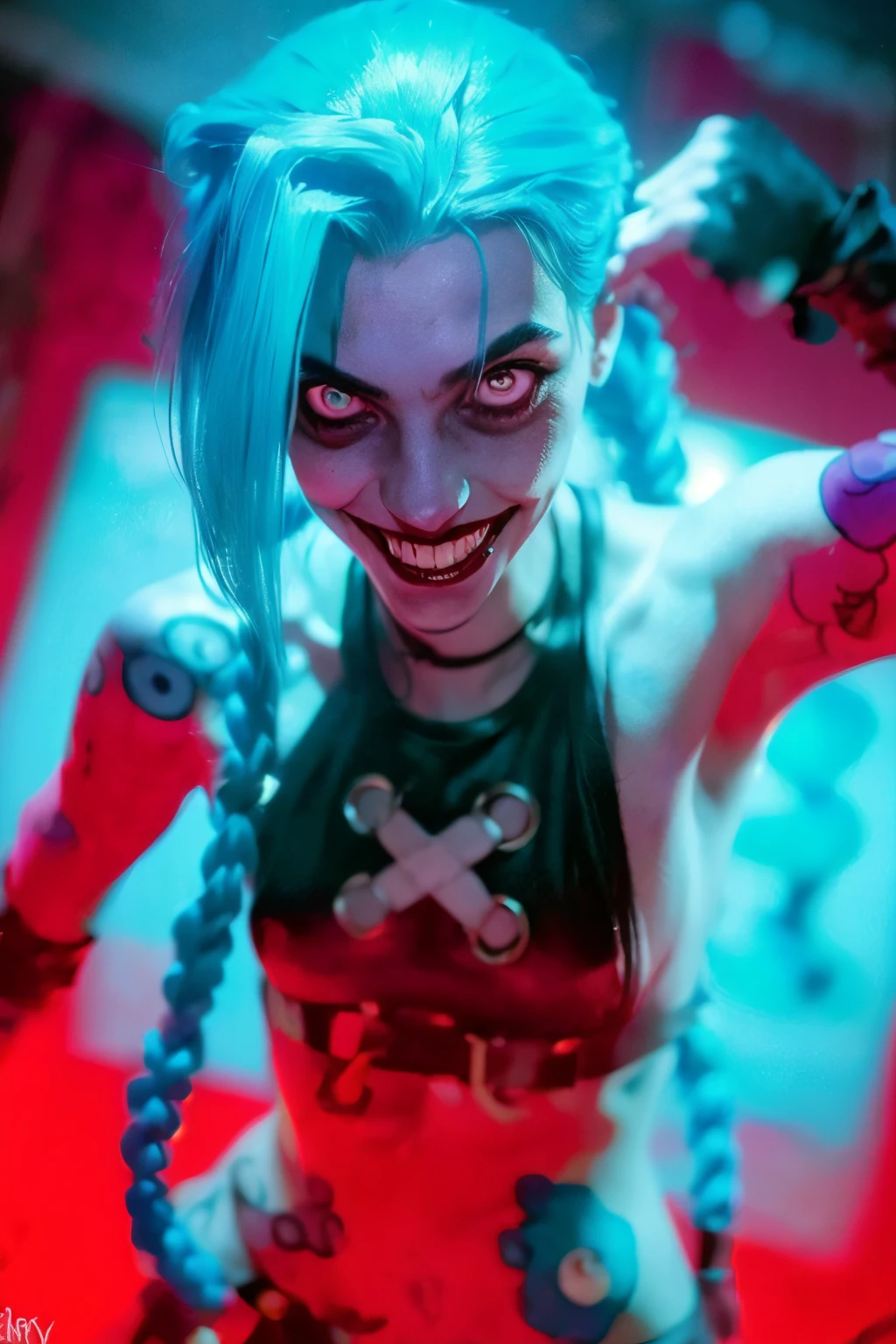 Hyper realistic super detailed Jinx cosplay ,(( Young girl, 15 years old)) , Very detailed, (hyper realistic: 1.4), ((in dynamic fight pose)) , ((angry face)) , twin braids, long hair, blue hair, red eyes, (((blue tattoo on arm))) , ((skinny body)) , (((psycho face, creppy smiling) )), arcane style. ((Grunge Neon grafitti background, cinematic lighting)).