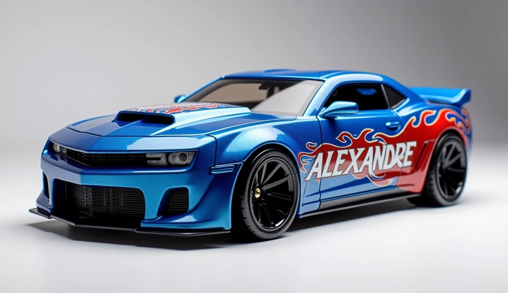 A blue hot wheels car, without background, with the word "Alexandre" painted with flames, turned 2/3 to us
