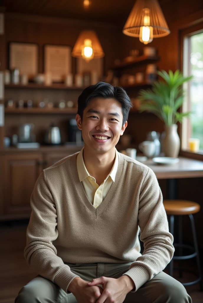 1 a 20 year old vietnamese man smiling shortly slightwearing long pants, shirt and sweater and sitting posing for camera in a vietnamese coffee shop