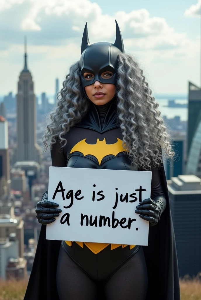 A beautiful youthful looking Hispanic version of a gray haired Ariana Grande as a 50 years old woma n with long her completely gray hair in a big curls styles as the superhero batwoman wearing a batw oman costume standing on top of a hil I overlooking a big city holding a white board with text "I age is just a number" and showing it to the viewer