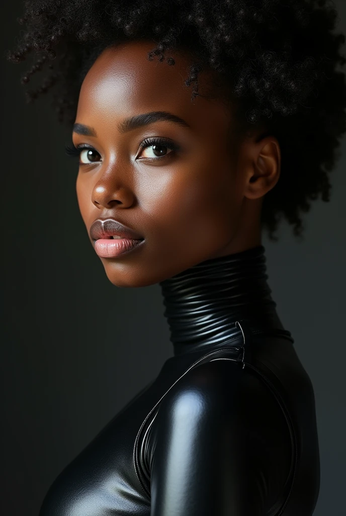 african woman, young, naked, afro, dimples, thick belt around neck, black shiny latex bodysuit, close-up, UHD, retina, masterpiece, accurate, anatomically correct, textured skin, super detail, high details, high quality, award winning, best quality, highres