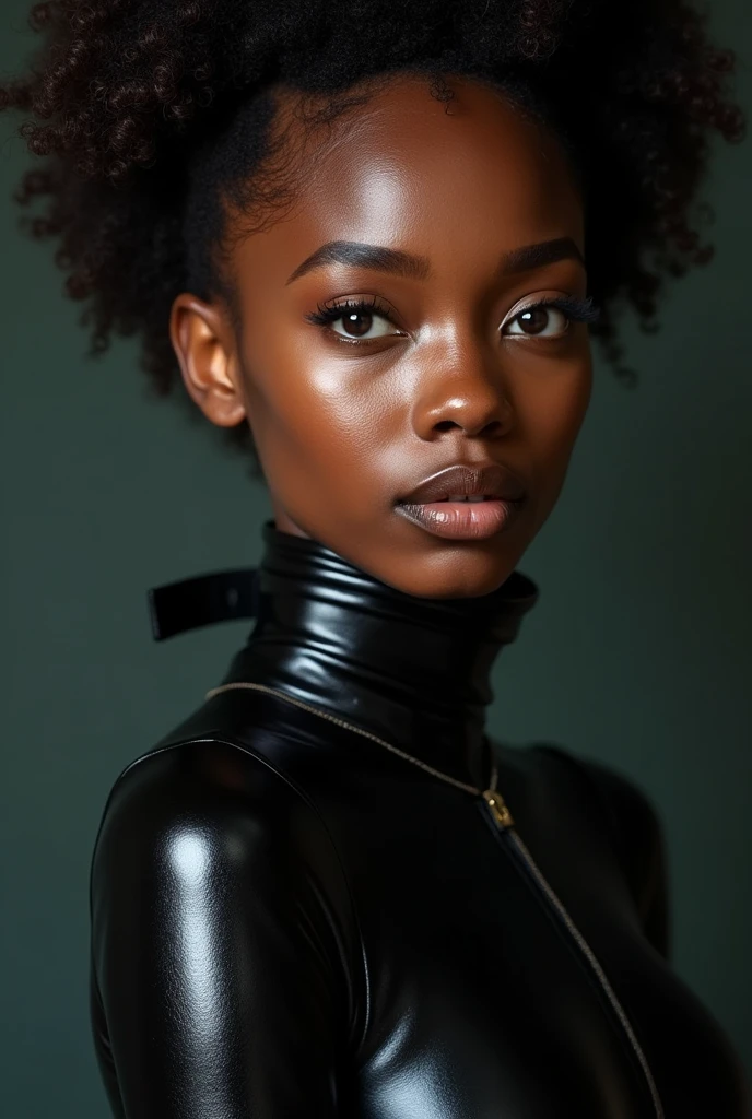 african woman, young, naked, afro, dimples, thick belt around neck, black shiny latex bodysuit, close-up, UHD, retina, masterpiece, accurate, anatomically correct, textured skin, super detail, high details, high quality, award winning, best quality, highres
