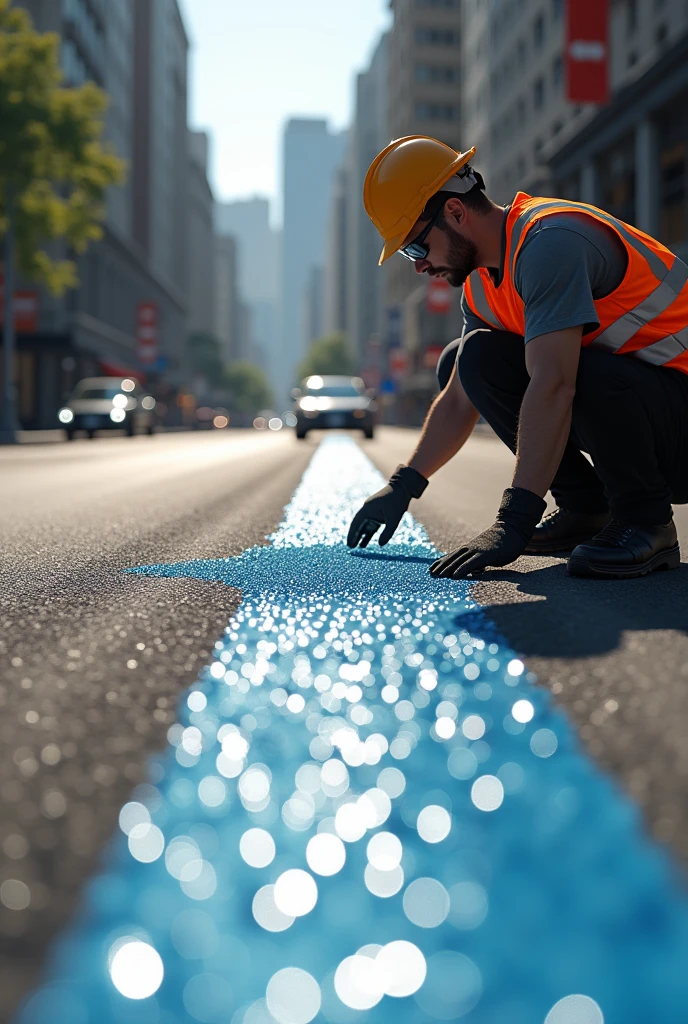 A person applying glass microspheres for road marking