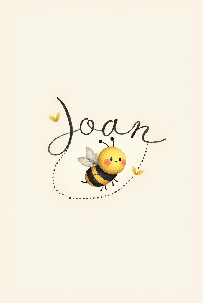 Tattoo of a non-realistic but tender drawing of a little bee that shows its path with dotted lines that create the name Joan