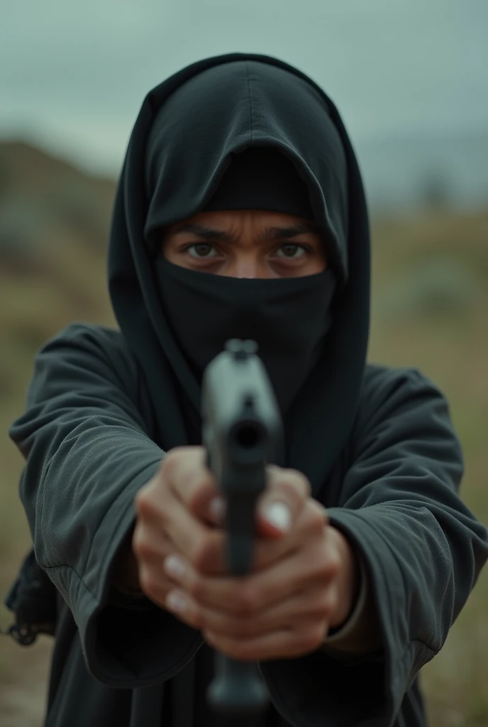 Photo of young terrorist pointing a gun at the camera while breaking down in tears in a war context