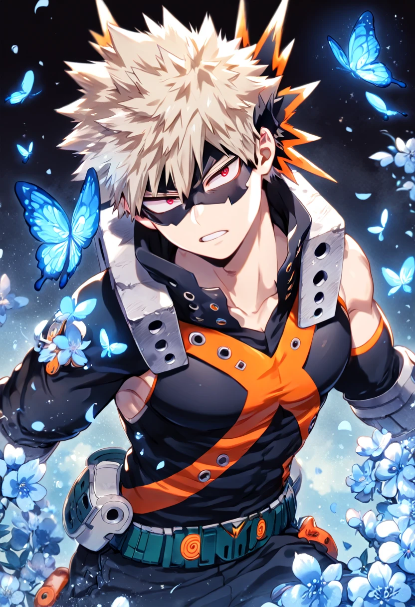 absurdres, highres, ultra detailed, HDR, master piece, best quality, extremely detailed, Bakugou Katsuki, ash-blonde hair, expressive red eyes, Boku No Hero Academia, solo, sexy man, handsome, manly man, black hero clothes, black eye mask, fantasy, magical, blue moon, blue flowers, blue butterflies, blue petals, blossoms
