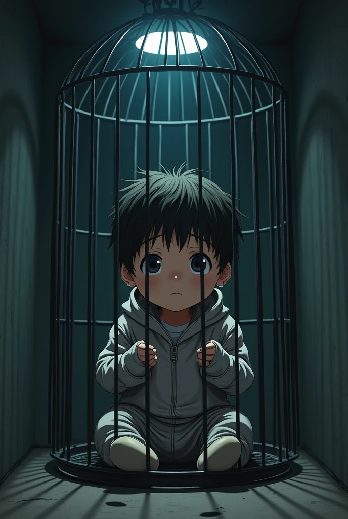 Cinematic Anime style. Manga art. TME0224 face, (((a , 4 year old funny night (((wearing a baggy onesie without a zipper with hands in mitts))), (((inside a tiny closed cage behind bars))). cinematic lighting, drop shadow, masterpiece, UHD, anatomically correct, textured skin, super detail, high details, high quality, best quality, 4K, full body