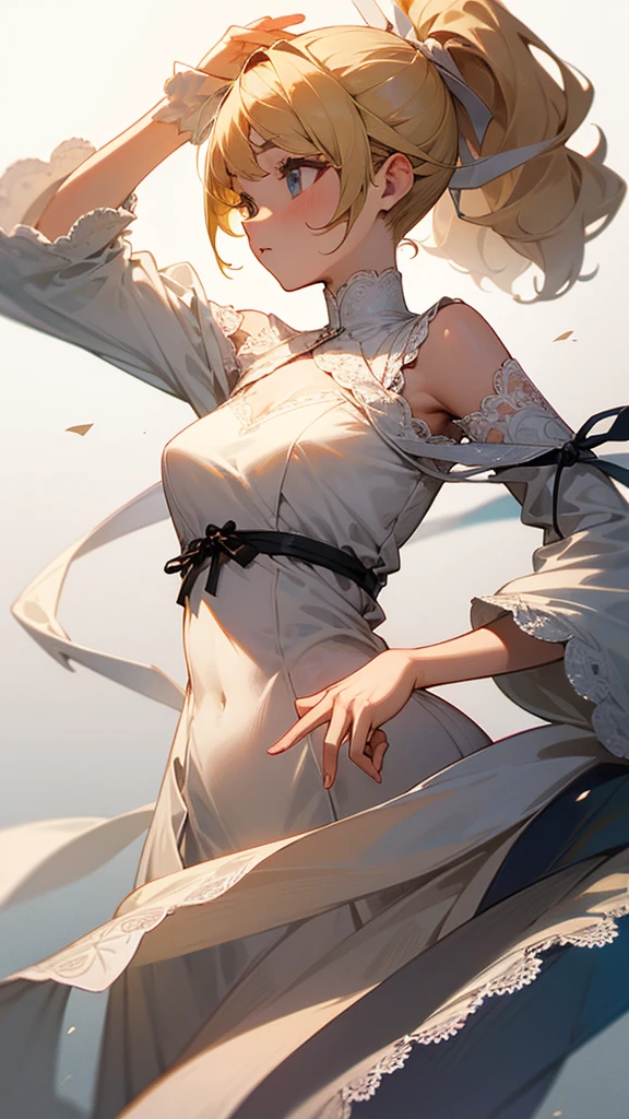 high resolution、ponytail、Perm、Blonde、whole body、
White dress。No sleeve、Elegant lace clothing。White ribbon on head、All-white image