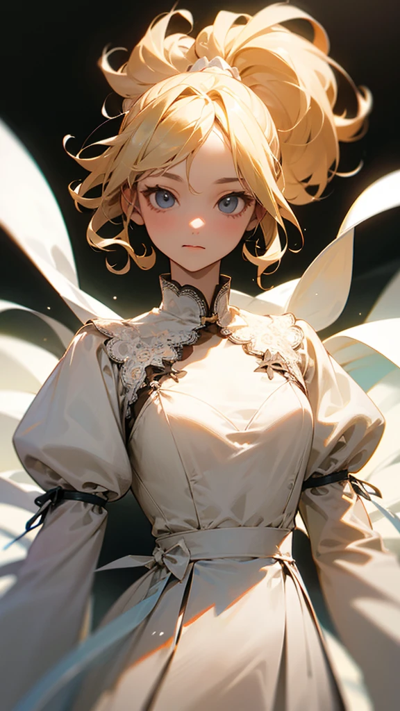 high resolution、ponytail、Perm、Blonde、whole body、
White dress。No sleeve、Elegant lace clothing。White ribbon on head、All-white image