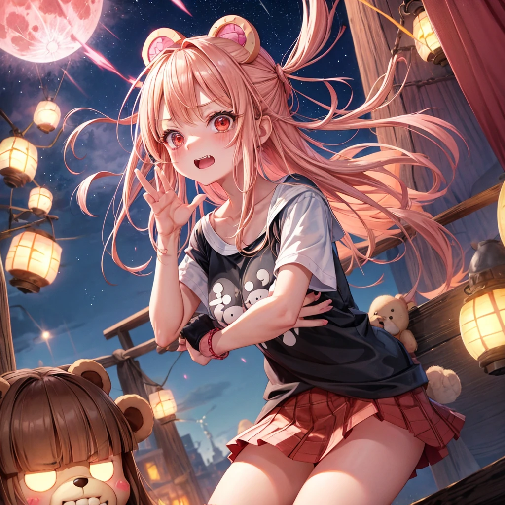 Pink Blonde、Red eyes、Hair tied up、One cute girl、solo、And soul、Checked mini skirt、black t-shirts、one piece、bear ears baseball cap、large tree、Thundercloud、Burning Full Moon、desert、Iron ore piles up、Teeth are visible、Fortress City、Tilting face、Starry Sky、firework、A teddy bear is jumping