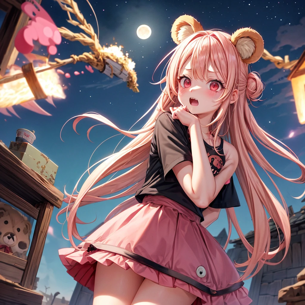 Pink Blonde、Red eyes、Hair tied up、One cute girl、solo、And soul、Checked mini skirt、black t-shirts、one piece、bear ears baseball cap、large tree、Thundercloud、Burning Full Moon、desert、Iron ore piles up、Teeth are visible、Fortress City、Tilting face、Starry Sky、firework、A teddy bear is jumping