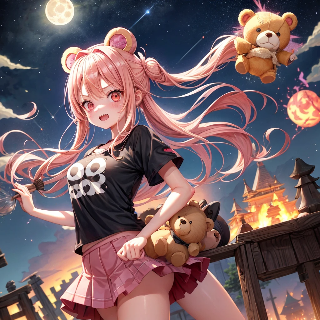 Pink Blonde、Red eyes、Hair tied up、One cute girl、solo、And soul、Checked mini skirt、black t-shirts、one piece、bear ears baseball cap、large tree、Thundercloud、Burning Full Moon、desert、Iron ore piles up、Teeth are visible、Fortress City、Tilting face、Starry Sky、firework、A teddy bear is jumping
