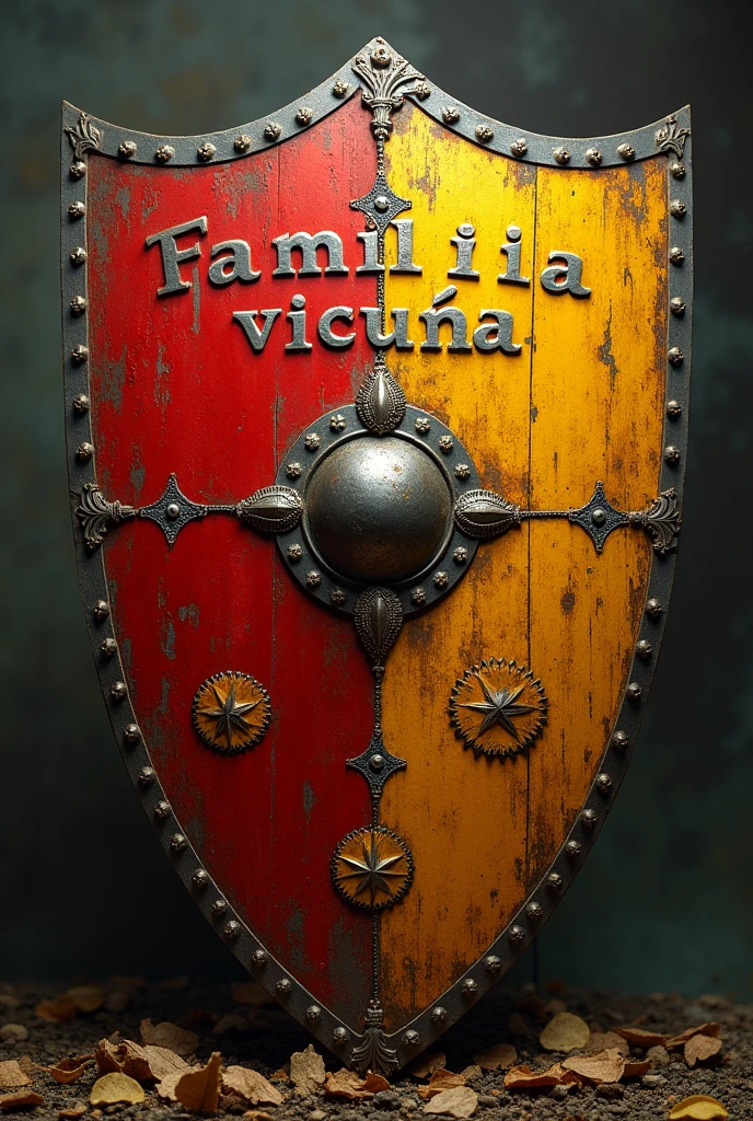 A battle shield with red and yellow colors that says familia vicuña abd that represents the values of equality