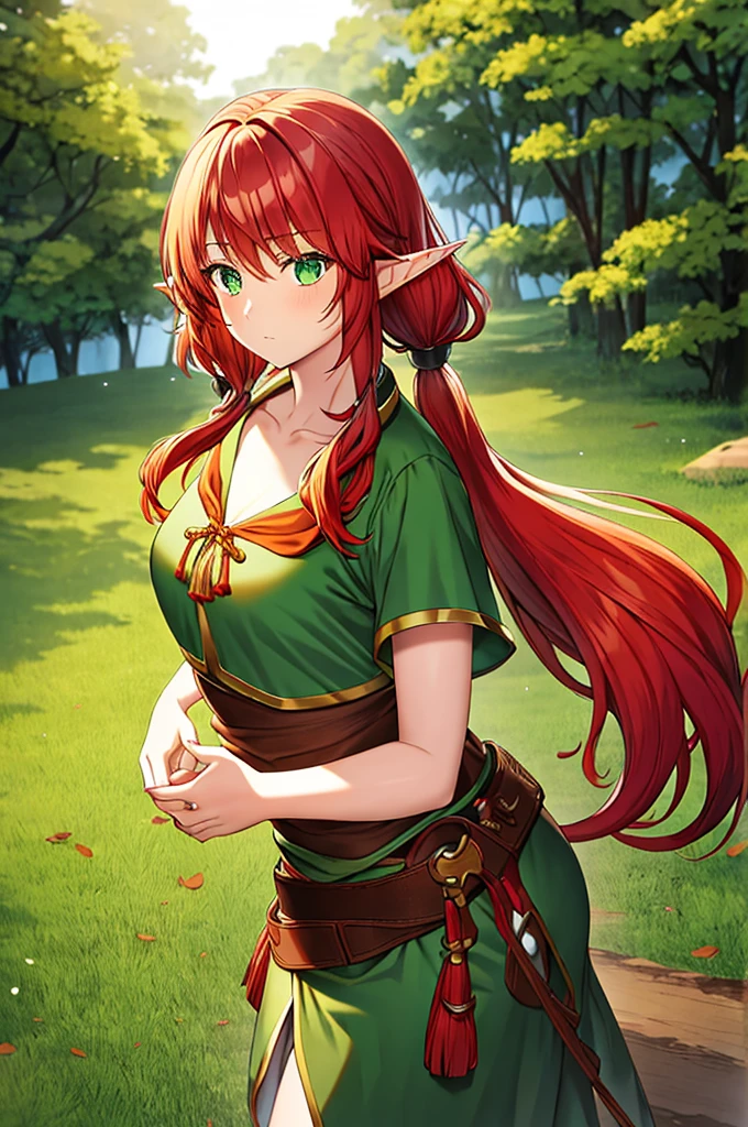 cowboy shot, elf, red hair, large twin tails, Green eyes, puffy hair, large chest, forest background, Druid robes,