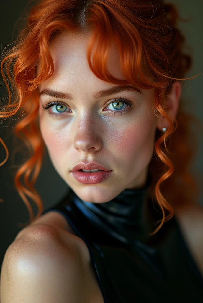 ginger woman, young, ?????, curly mullet, dimples, thick belt around neck, black shiny latex bodysuit, close-up, UHD, retina, masterpiece, accurate, anatomically correct, textured skin, super detail, high details, high quality, award winning, best quality, highres
