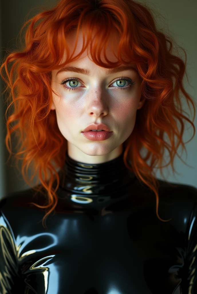 ginger woman, young, naked, curly mullet, dimples, thick belt around neck, black shiny latex bodysuit, close-up, UHD, retina, masterpiece, accurate, anatomically correct, textured skin, super detail, high details, high quality, award winning, best quality, highres
