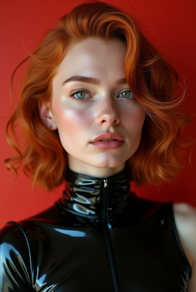 ginger woman, young, naked, curly mullet, dimples, thick belt around neck, black shiny latex bodysuit, close-up, UHD, retina, masterpiece, accurate, anatomically correct, textured skin, super detail, high details, high quality, award winning, best quality, highres