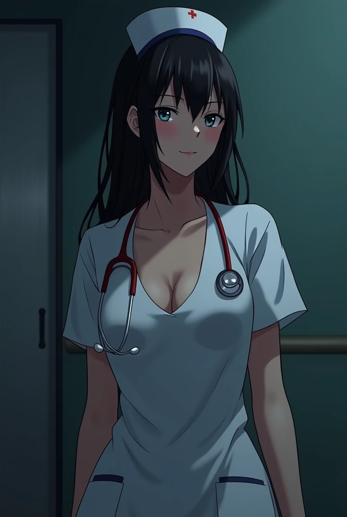 Female nurse with black hair in a dark room Anime style images Sexy breasts naked Stethoscope