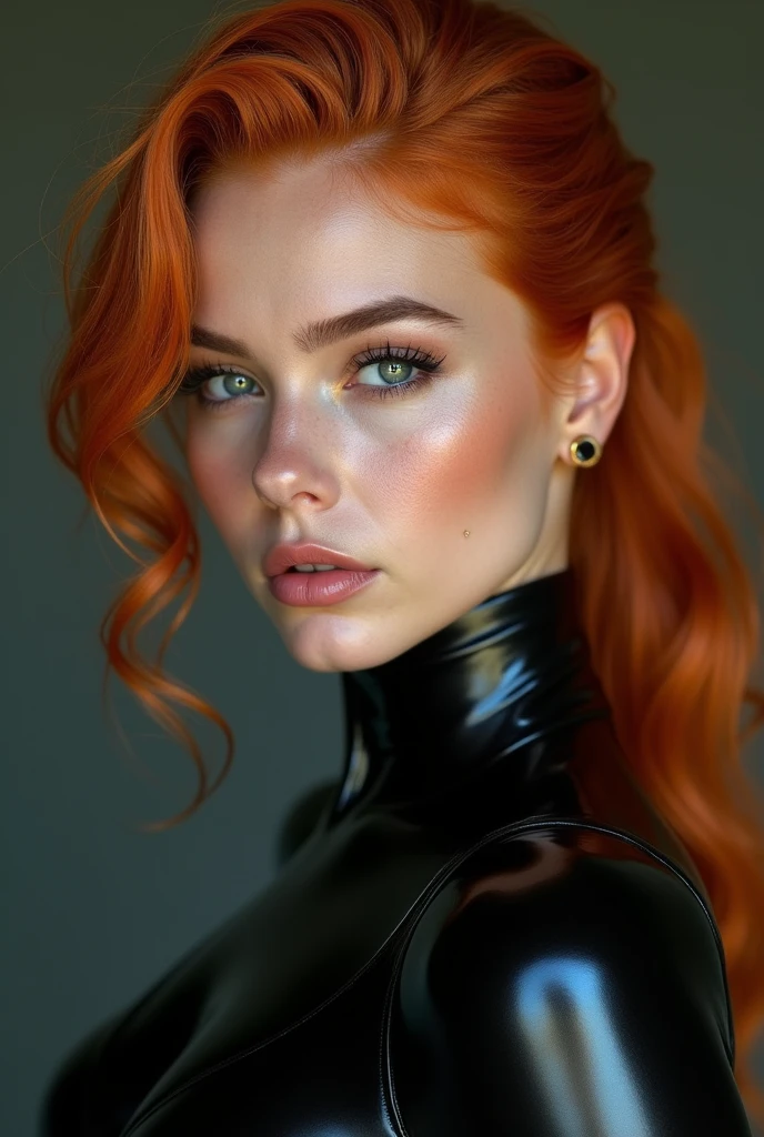 ginger woman, young, naked, curly mullet, dimples, thick belt around neck, black shiny latex bodysuit, close-up, UHD, retina, masterpiece, accurate, anatomically correct, textured skin, super detail, high details, high quality, award winning, best quality, highres