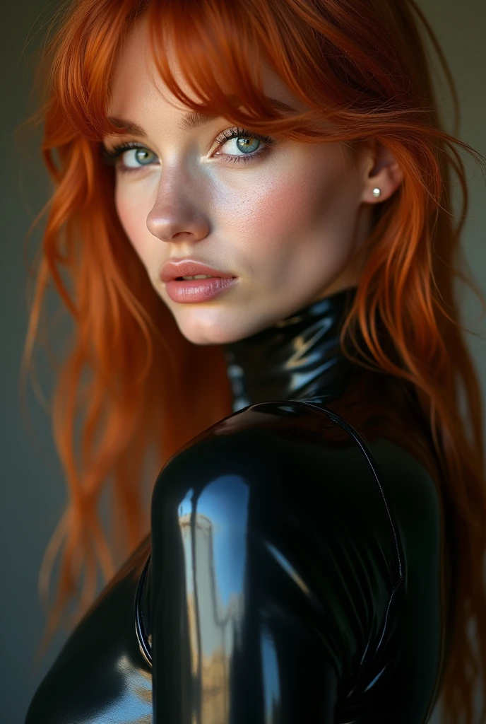 ginger woman, young, naked, curly mullet, dimples, thick belt around neck, black shiny latex bodysuit, close-up, UHD, retina, masterpiece, accurate, anatomically correct, textured skin, super detail, high details, high quality, award winning, best quality, highres