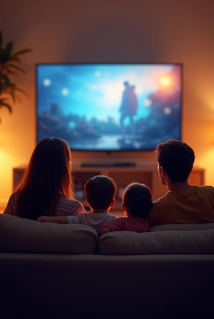 Family sitting on the sofa with their backs turned watching TV 