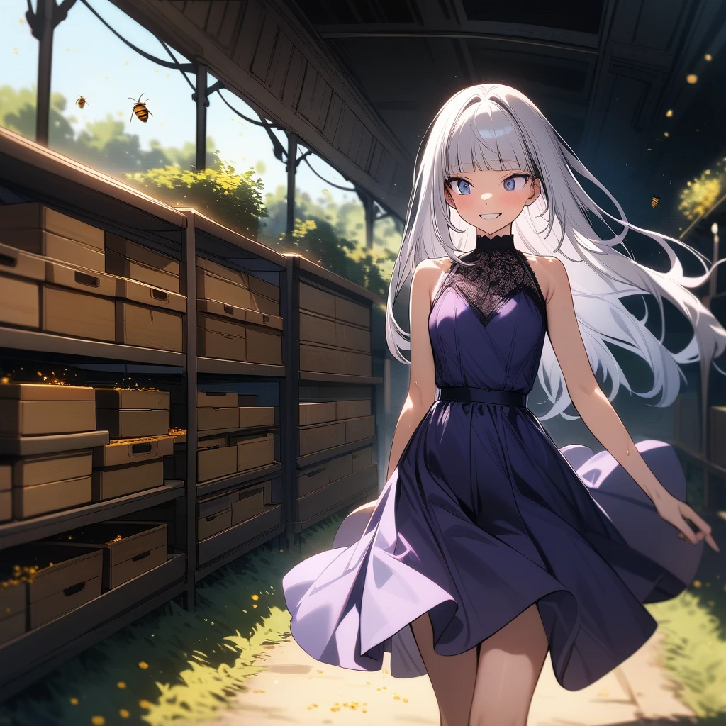 (masterpiece),(best quality),very aesthetic,(ultra-detailed),high saturation,1girl,16yo,slender,long hair,silver hair,straight hair,(blunt bangs),dark blue alluring eyes,smirk,excited,thinking,An elegant and sophisticated outfit perfect for a party, featuring a purple sundress with black lace accents,walking,ecstasy,outdoors,Flying honeybee,bee yard,apiary landscape,cowboy shot,(spoken about honey),sideways glance,looking away