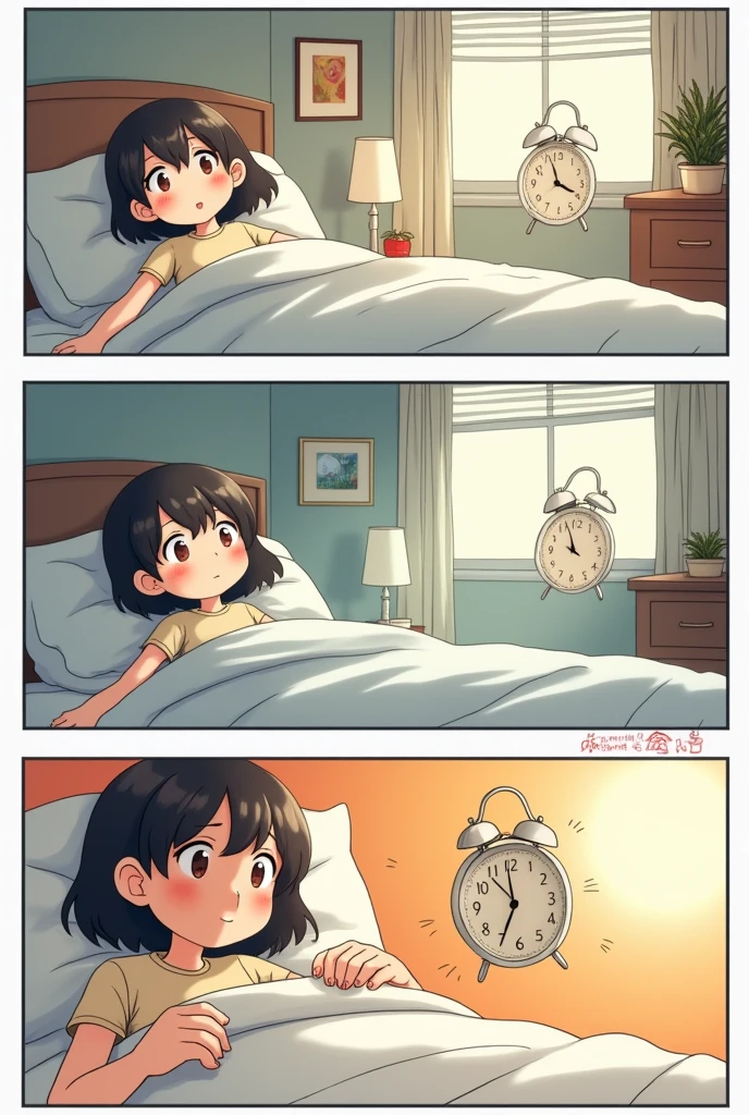 Create a manga page image in the first frame an alarm clock in the second frame a room where there is a person sleeping in the third frame the alarm clock donating in the fourth and last frame a hand turning off the alarm clock