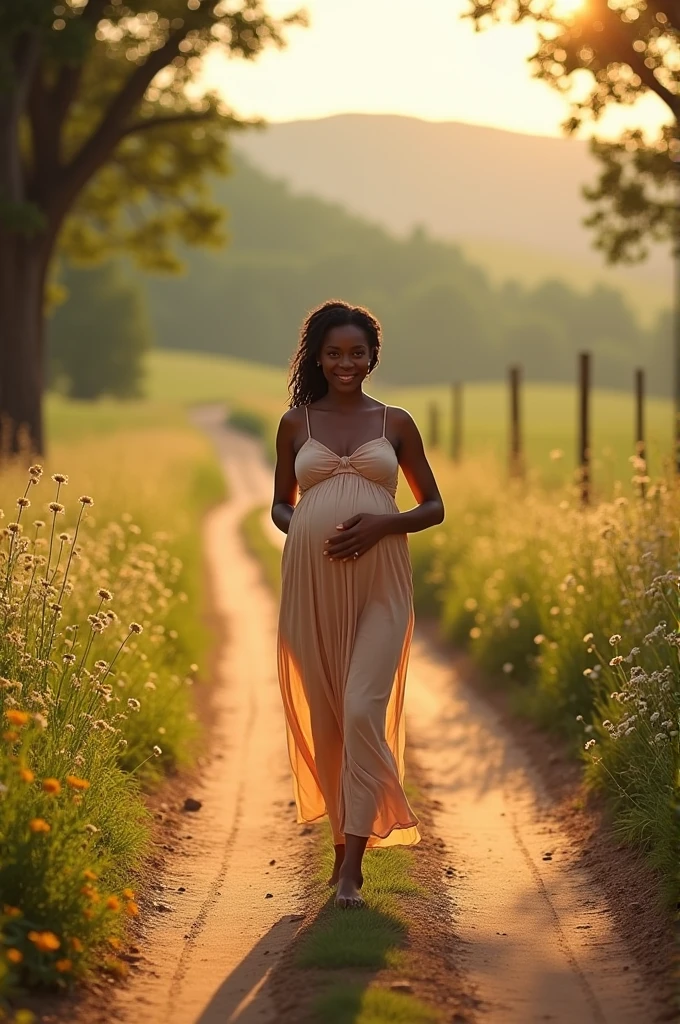  pregnant black woman walking down dirt road on a sunny day