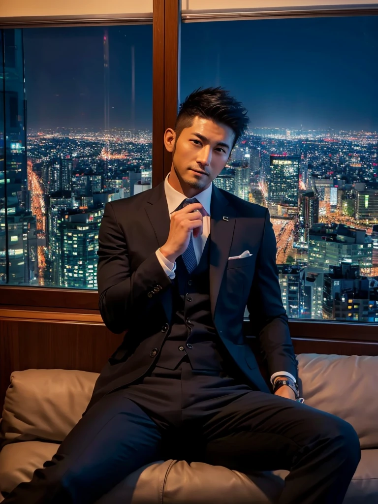 masterpiece:1.2, high quality:1.2, 1guy, 38_year_old, handsome, masculine Japanese male, beefy body, belly:1.2,firm chin, Stubble, very short hair,vary short hair, yakuza, black suit, black suit pants, Crotch bulge, black socks, legs spread, sitting on the sofa, office with a night view of Tokyo through the window.