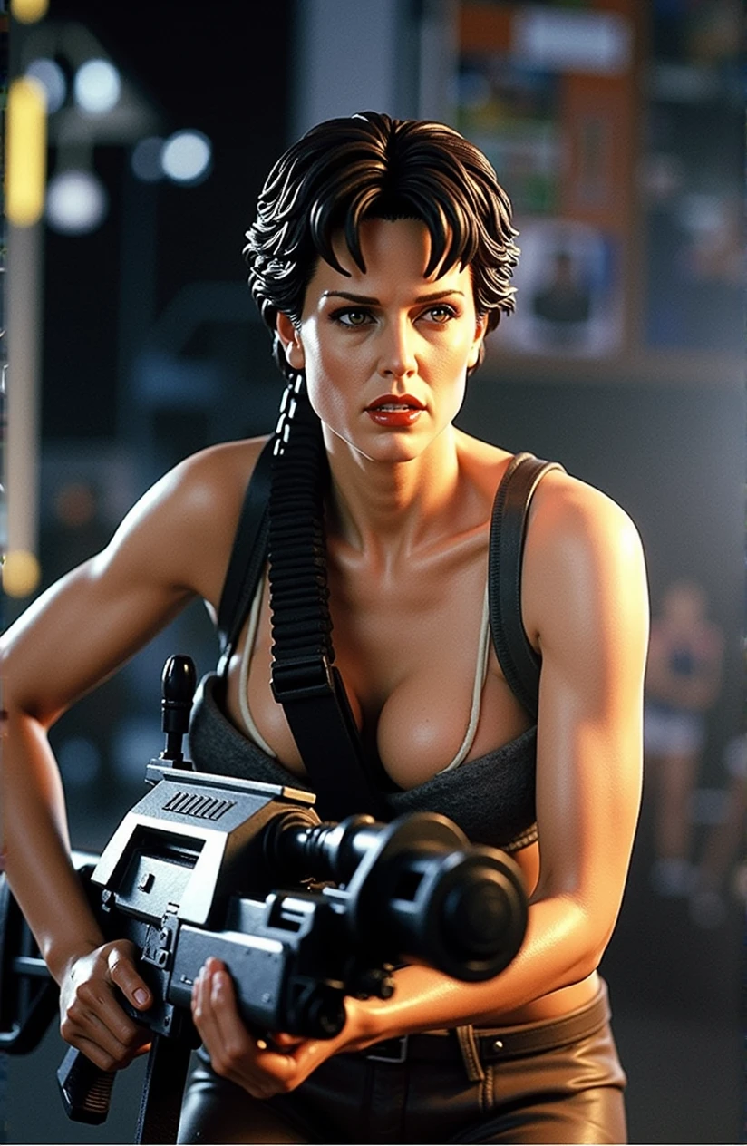 (sigourney weaver as ellen ripley from aliens,grainy TV still,35mm,1986 film, (((3d , erotic-pose, forefront shot of full figure , detailed pvc figurine of angry ellen ripley on a metal base))), dramatic lighting,side view,hourglass figure,wearing a off white tight-singlet huge breasts cold pokethrough straining tight-singlet,grey cargo pants suspenders , brown army boots,brown hair,brown eyes,sweaty dirty skin,angry,holding a pulse rifle on shoulder sling erotic-pose:1.3) ,(background on table at Comic Con convention, baNNERS CROWDS COSPLAYERS STALLs tv screens anime comics,people,bustling,shallow depth of field:1.2)