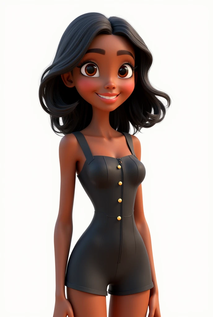 10 images of a 3D Disney Pixar female character, 15 years old, cute, with shoulder-length black hair, brown eyes, wearing a short formal jumpsuit
in shorts with several buttons in rows on the front in pink, wearing beautiful makeup, multiple positions, different poses and smiling expressions. White background
