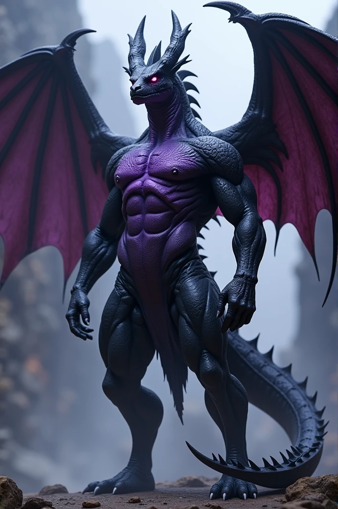 Homme dragon noir et violet, musclé et charismatique