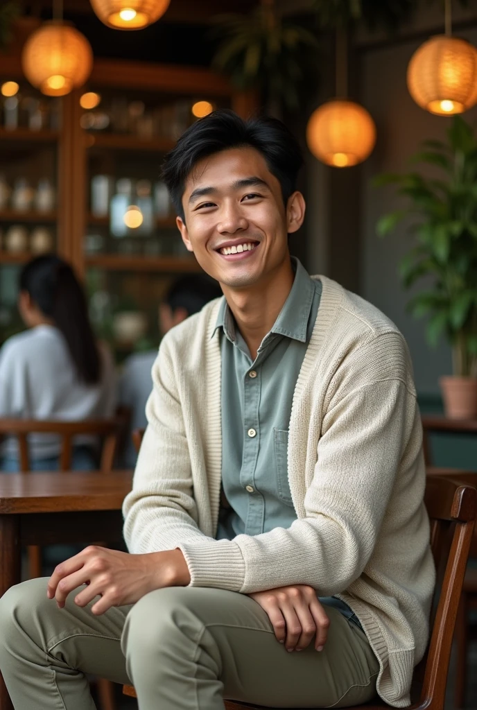 1 a 20 year old vietnamese man openning mouth slightwearing long pants, shirt and sweater and sitting posing for camera in a vietnamese coffee shop