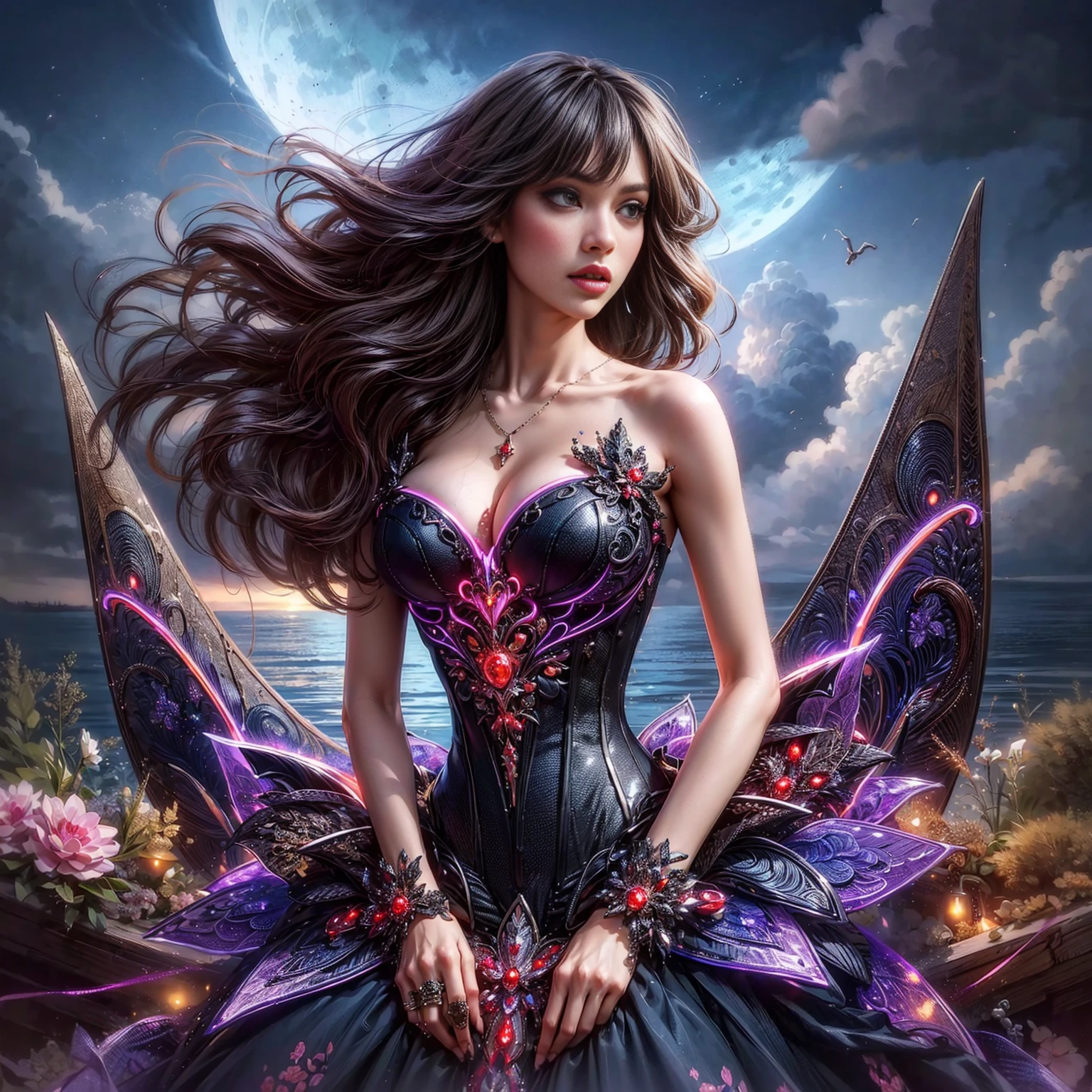 (Extreme HDR) (brightness FX) Photo of an asian woman gigantic Breast 'white skin' with long hair flowing in the wind, wearing a black batik patterned costume, a V-cut strapless corset style batik dress made of carbon patterned satin, a very narrow and stiff V-cut waist decorated with blue jewels, a luxurious long skirt, looks beautiful and stunning, very realistic and detailed, with a royal palace in the background, sitting on a boat, behind it is a blue moon. hyper realistic, hyper detail clothing, Detailed gemstones, masterpiece, best quality:1.2),,(8k,highres,RAW photo,realistic,photo-realistic:1.3),(detailed skin texture,detailed cloth texture, beautiful detailed face:1.25),professional lighting,photon mapping,beautiful soft light,radiosity,physically-based rendering,raytracing, model shoot style, model shoot style, (extremely detailed CG unity 8k wallpaper), full shot body photo of the most beautiful artwork in the world (NSFW), (Nude), (Naked), (carbon fiber corset) (green veiny breast) (steampunk corset) (glowing dress) (blue moon) (cloud) 