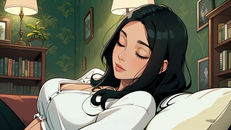 Beautiful woman in her 30s with black hair is sitting on the sofa. Looking down, eyes closed, LOFI girl, alone in the room, white blouse, cozy wallpaper, big cushion, bookshelf, relaxing mood, night core, cozy, wide glass window with skyscrapers, outside view at night, only five fingers, green wall, Well-formed face,She has a calm look
