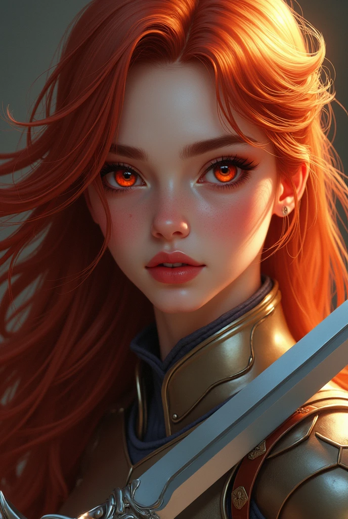 My name is Flynn E. Rustario, the female knight of the Empire 1girl, beautiful detailed eyes, beautiful detailed lips, extremely detailed face and features, long copper colored hair, red eyes, tall and slender figure, bright and cheerful mood maker, knight, female warrior, holding a sword, dark or bright personality, portrait, digital painting, hyper detailed, 8k, award winning, highly detailed, intricate, elegant, delicate, photorealistic, cinematic lighting, dramatic shadows, vibrant colors, rich textures