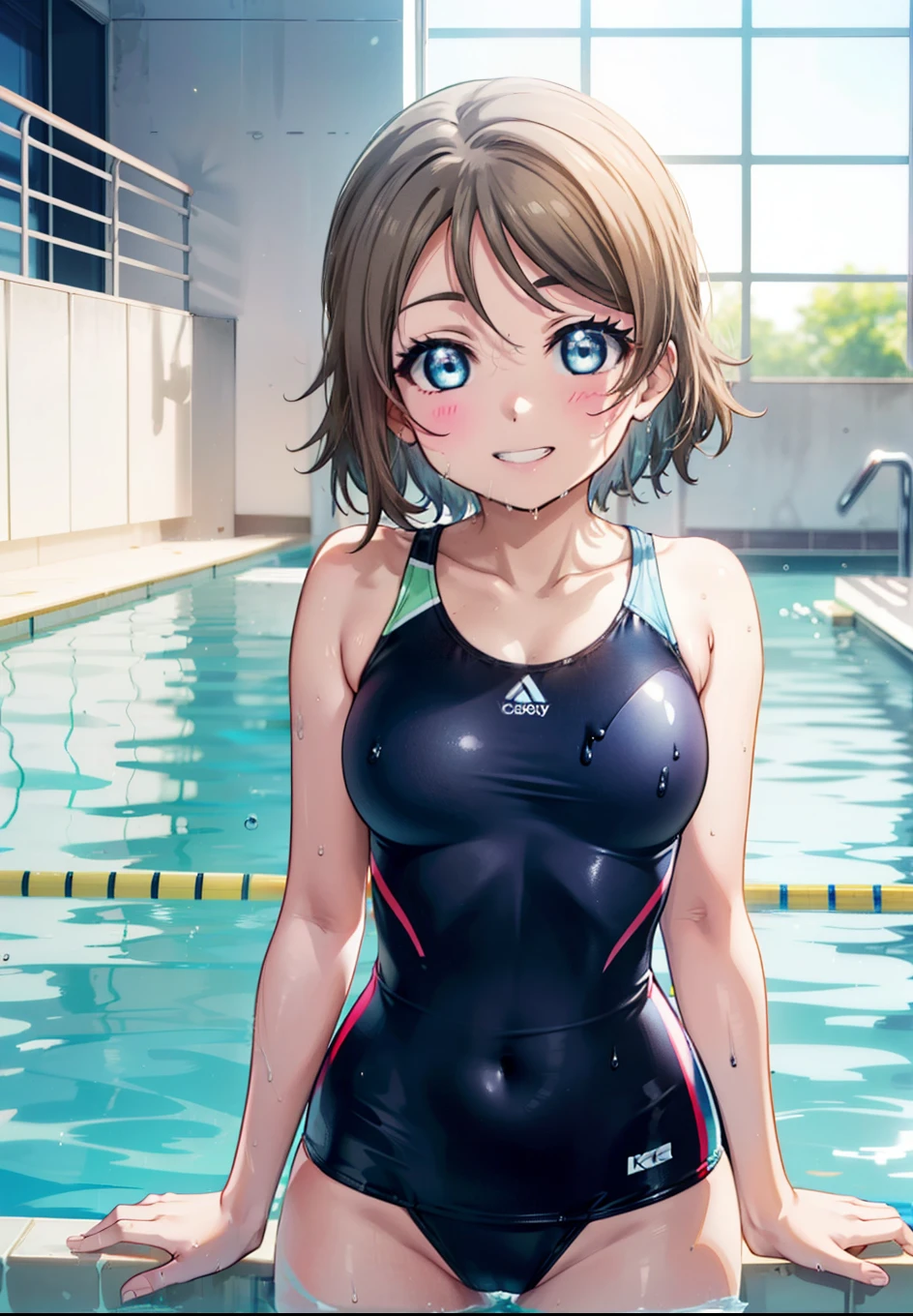 Yo Watanabe, Watanabe Yo, short hair, blue eyes, Brown Hair, smile, Grin,tooth,Swimsuit,barefoot,Wet swimsuit,Wet Skin,Wet Hair,Standing by the pool,whole bodyがイラストに入るように,
break indoors, Indoor swimming pool,
break looking at viewer,whole body, (Cowboy Shot:1.5),
break (masterpiece:1.2), Highest quality, High resolution, unity 8k wallpaper, (figure:0.8), (Beautiful attention to detail:1.6), Highly detailed face, Perfect lighting, Highly detailed CG, (Perfect hands, Perfect Anatomy),