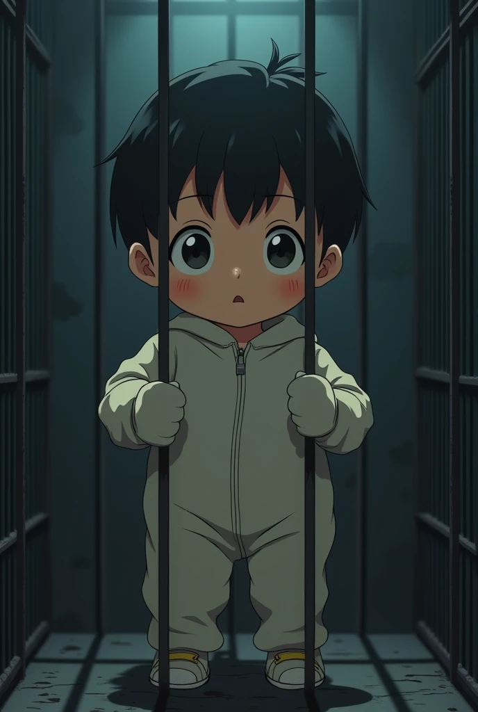 Cinematic Anime style. Manga art. TME0224 face, (((a baby boy, 4 year old))) in a funny night (((wearing a baggy onesie without a zipper with hands in mitts))), (((inside a tiny closed cage behind bars))). cinematic lighting, drop shadow, masterpiece, UHD, anatomically correct, textured skin, super detail, high details, high quality, best quality, 4K, full body, standing